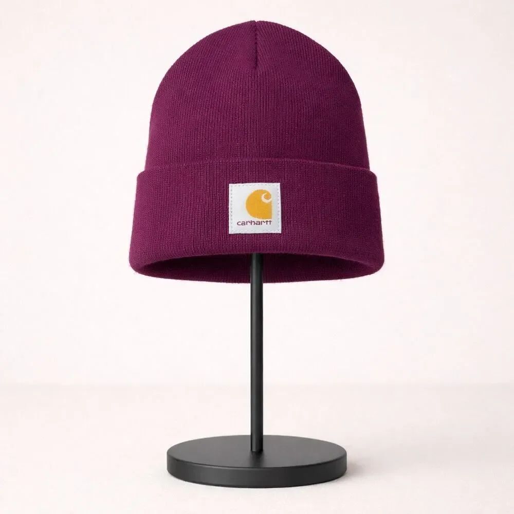 New Carhartt Youth Burgundy Maroon Cuffed Logo Hat Beanie OS